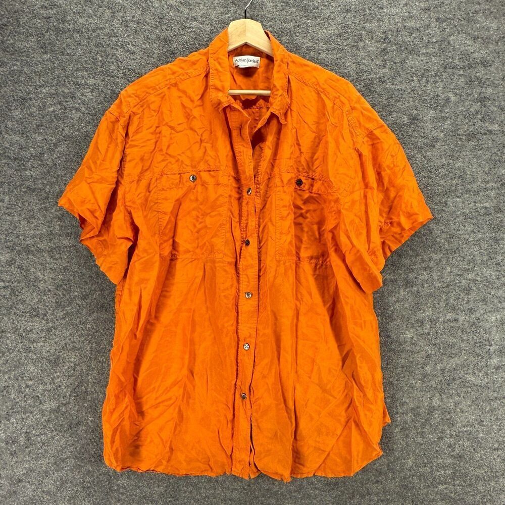 Adrian Jordan Shirt Women 22/24 Plus Orange Button Up Silk Short Sleeve Collared